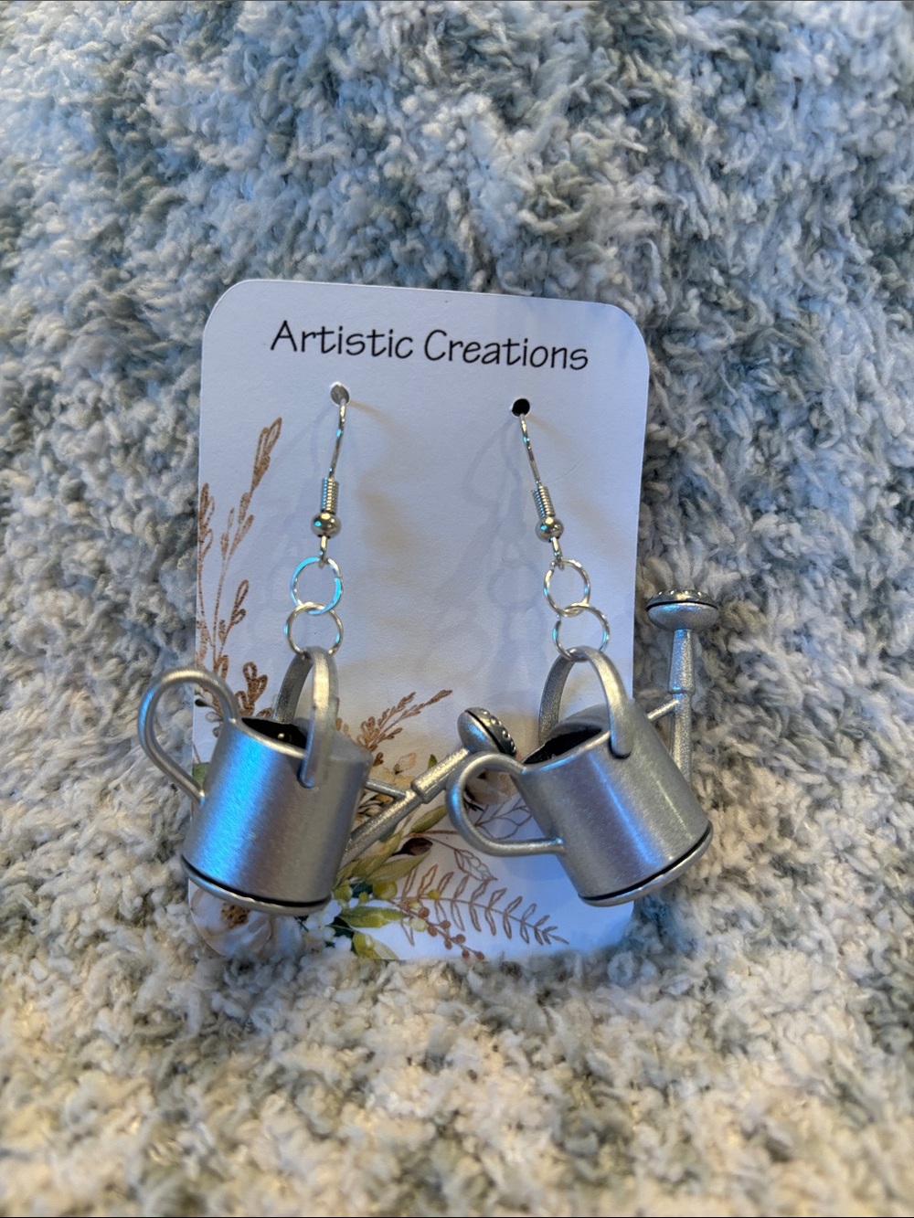 3D Gardeners Silver Watering Can Dangle Earrings NWT Artwear